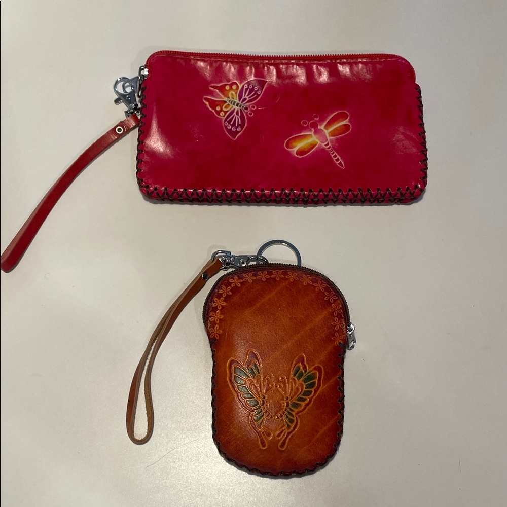 Red and Brown Leather Wristlet Set with Insect Design